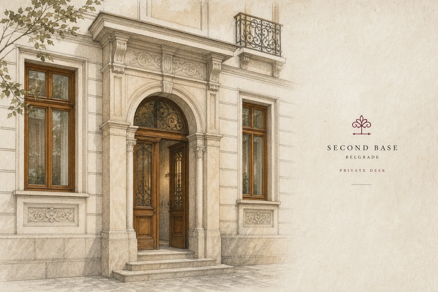 Restored Belgrade threshold · maintained facade, morning paper light